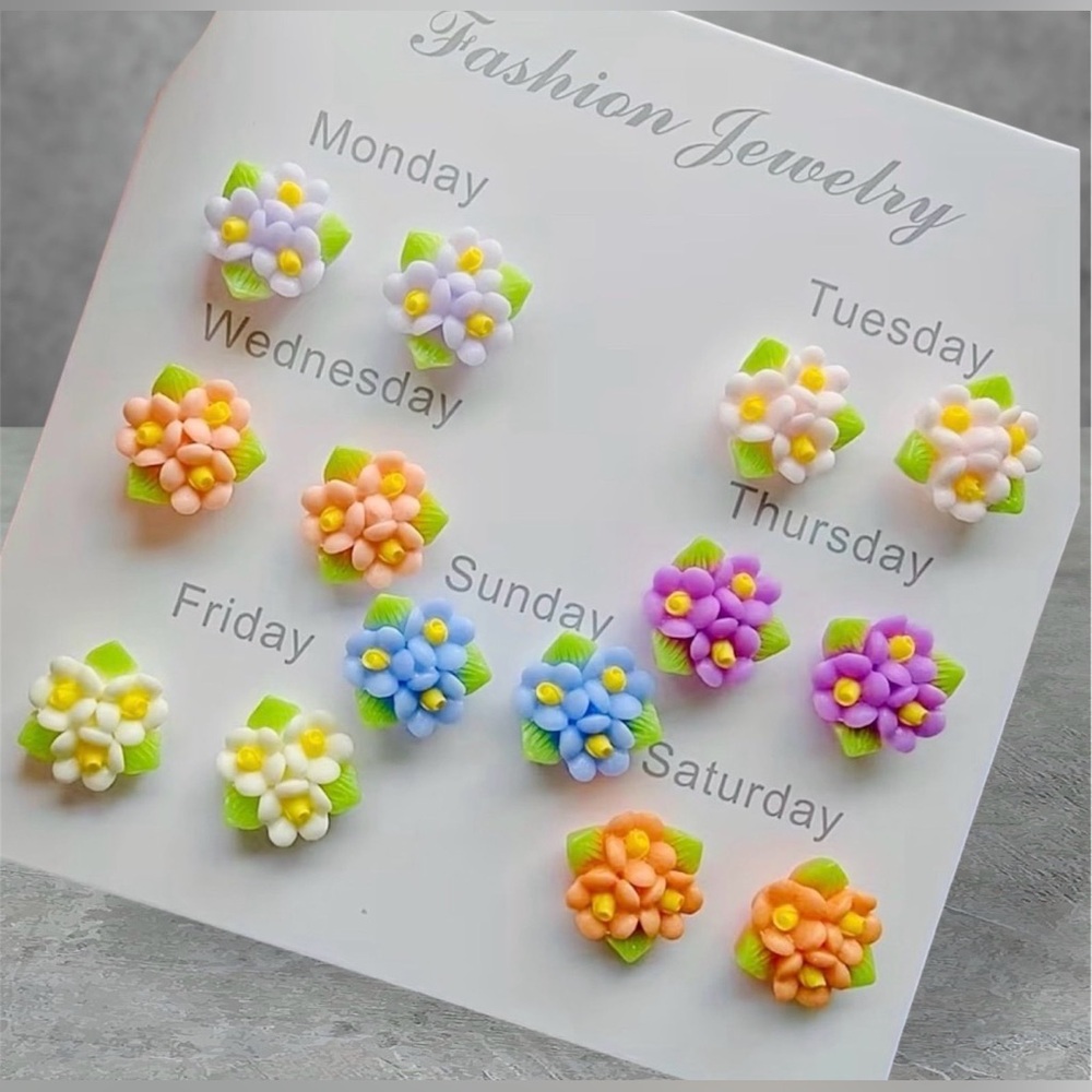 New 7pc Colorful Floral Stud Earrings Set